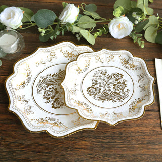 Versatile Round White Gold Damask Floral Paper Appetizer Plates Versatile Round White Gold Damask Floral Paper Appetizer Plates