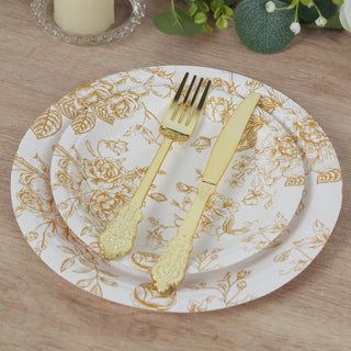 Chic 7" Round Dessert Plates Featuring Gold French Toile Pattern Chic 7" Round Dessert Plates Featuring Gold French Toile Pattern