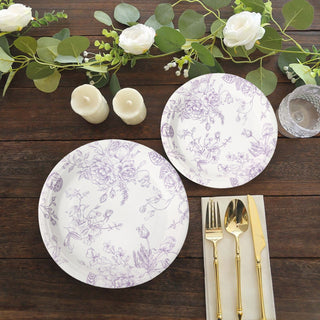 Elegant Paper Dinner Plates in White with Matte Lavender French Toile Pattern Elegant Paper Dinner Plates in White with Matte Lavender French Toile Pattern