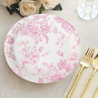 Elegant Paper Dinner Plates in White with Matte Pink French Toile Pattern Elegant Paper Dinner Plates in White with Matte Pink French Toile Pattern