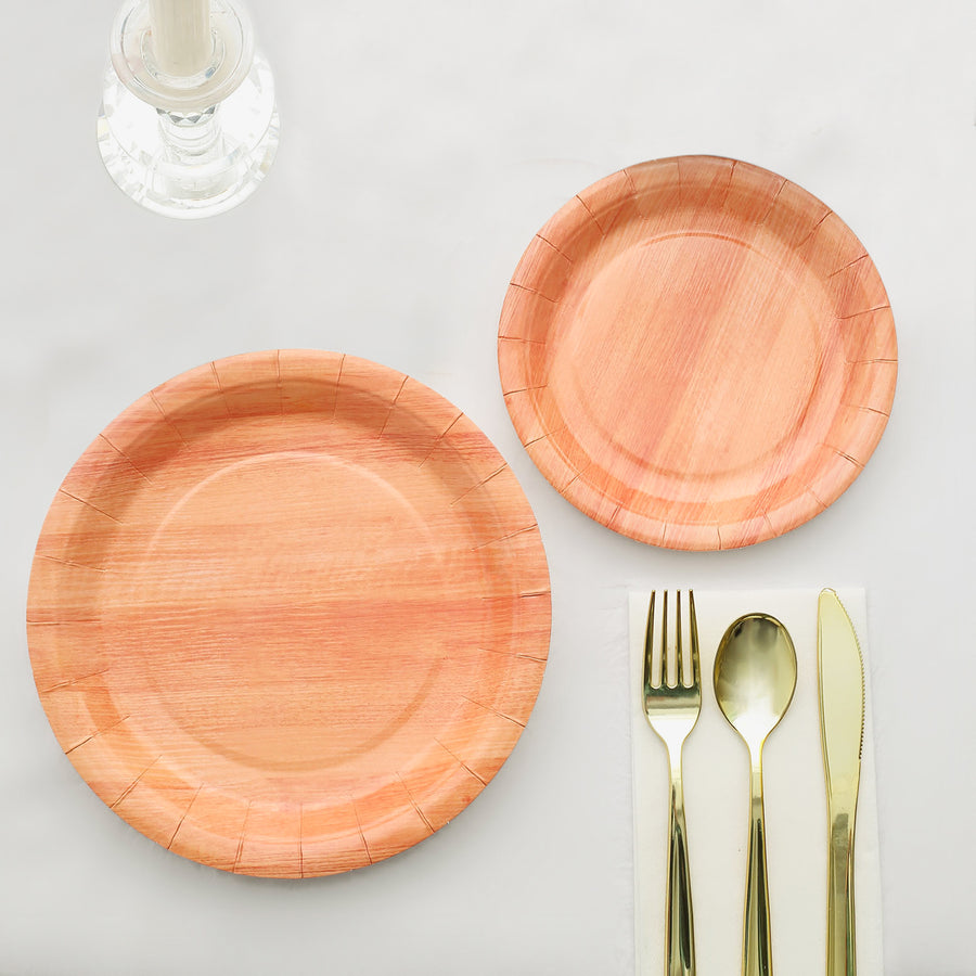 25 Pack | 7inch Natural Rustic Wood Grain Disposable Salad Party Plates