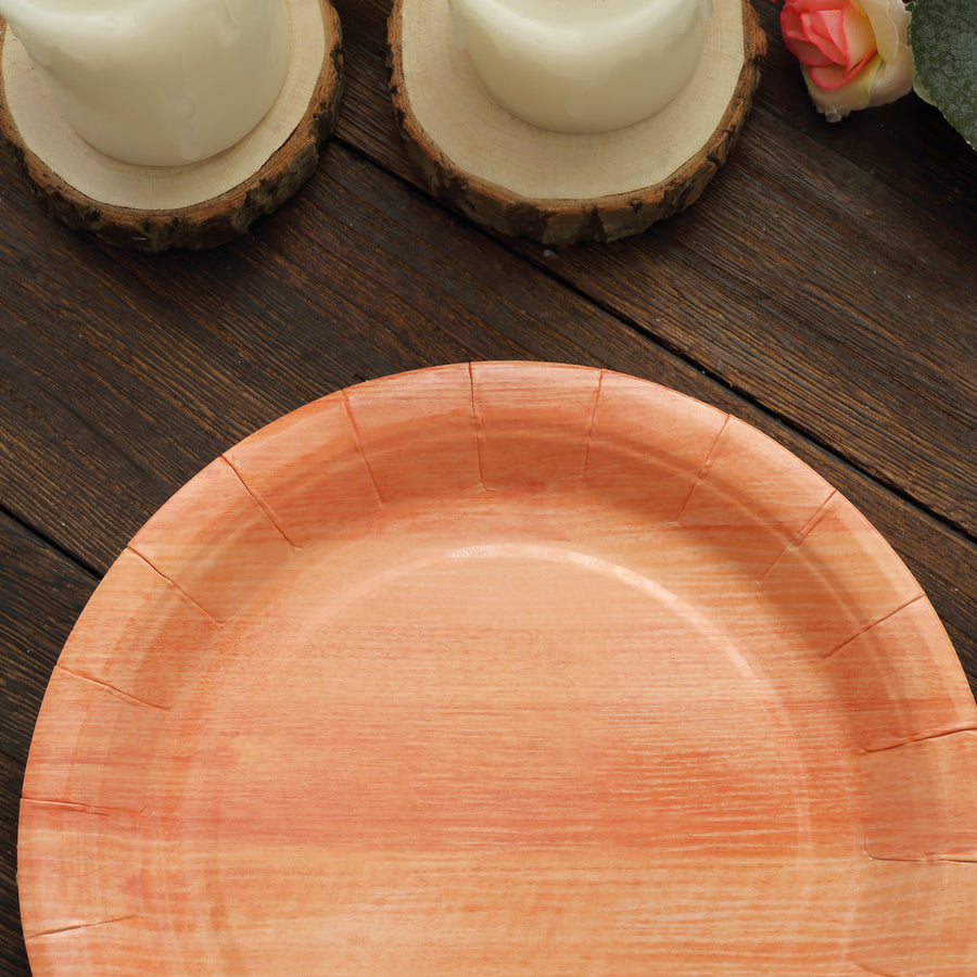 25 Pack | 7inch Natural Rustic Wood Grain Disposable Salad Party Plates