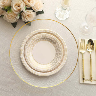 White Disposable Salad Plates with Gold Basketweave Pattern Rim White Disposable Salad Plates with Gold Basketweave Pattern Rim
