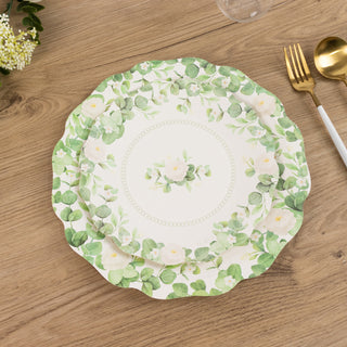 <span>White Floral Greenery Dessert Paper Plates with Scalloped Edge</span> <span>White Floral Greenery Dessert Paper Plates with Scalloped Edge</span>