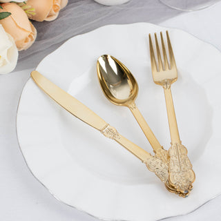 Perfect for Any Event: Metallic Gold Baroque Style Disposable Silverware Set