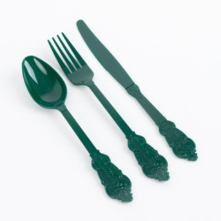 Timeless Hunter Green Baroque Style Plastic Silverware Set with a Modern Twist Timeless Hunter Green Baroque Style Plastic Silverware Set with a Modern Twist