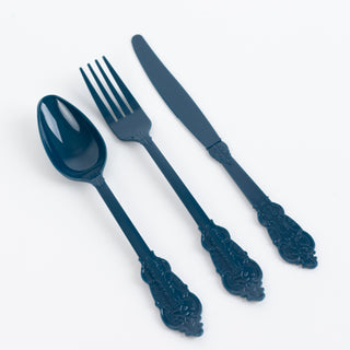 Timeless Navy Blue Baroque Style Plastic Silverware Set with a Modern Twist Timeless Navy Blue Baroque Style Plastic Silverware Set with a Modern Twist