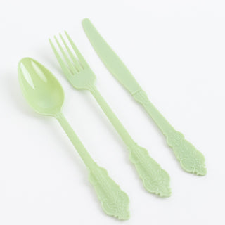 Timeless Sage Green Baroque Style Plastic Silverware Set with a Modern Twist Timeless Sage Green Baroque Style Plastic Silverware Set with a Modern Twist