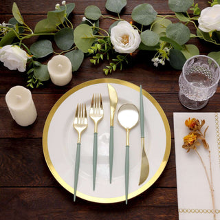 Add Elegance to Your Tablescape with the Metallic Gold With Dusty Sage Green Silverware Set Add Elegance to Your Tablescape with the Metallic Gold With Dusty Sage Green Silverware Set