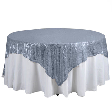 90"x90" Dusty Blue Premium Sequin Square Table Overlay, Sparkly Table Overlay