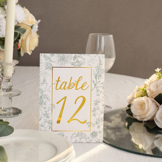 White Sage Green Double Sided Paper Table Sign Cards with Floral Leaf and Gold Numbers Print