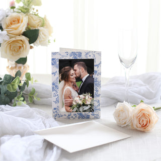 Create Unforgettable Moments with White Blue Chinoiserie Floral Photo Frame Cards