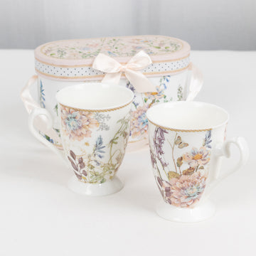 Blush Floral Design Bridal Shower Gift Set, 2 Pack Porcelain Tea Cups With Matching Keepsake Gift Box and Satin Ribbon Handle