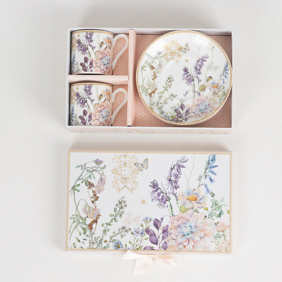 Blush Floral Design Bridal Shower Gift Set, Set of 2 Porcelain Espresso Cups and Saucers