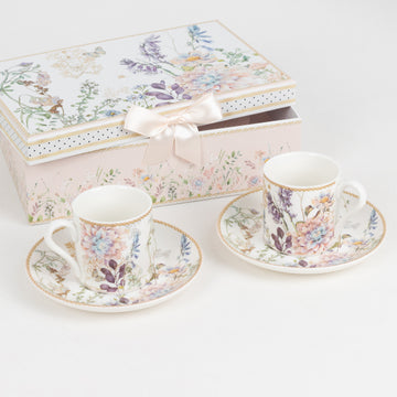 Blush Floral Design Bridal Shower Gift Set, Set of 2 Porcelain Espresso Cups and Saucers with Matching Keepsake Box
