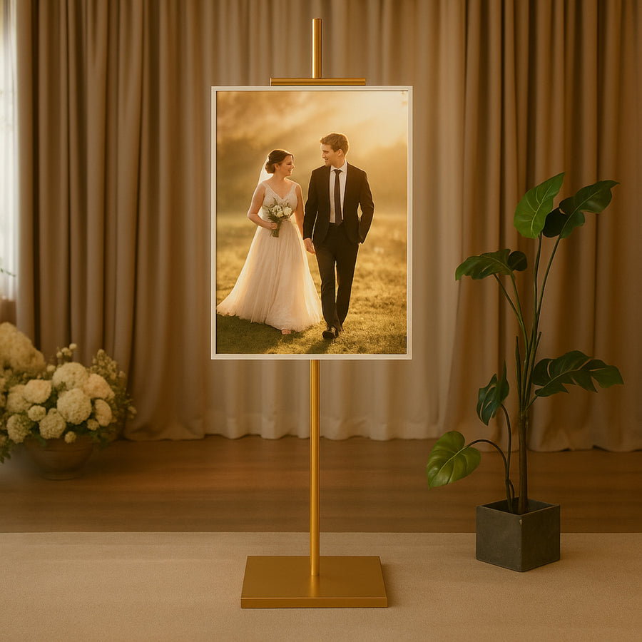 Elegant couple portrait displayed in a stylish frame on a stand.