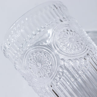 Decorative clear glass with intricate floral patterns and ribbed texture.