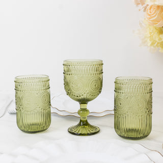 Green vintage glassware set with intricate patterns