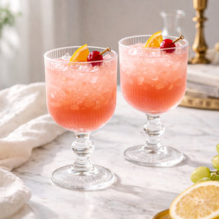 Two cocktails with cherries and citrus slices on a marble countertop.