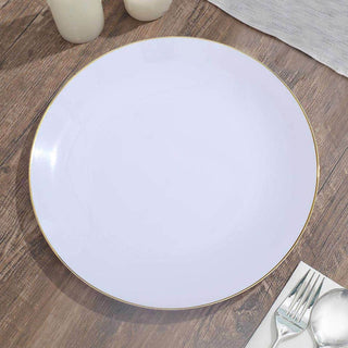 Elegant and Classy: 10 Pack of Glossy White Round Disposable Dinner Plates with Gold Rim Elegant and Classy: 10 Pack of Glossy White Round Disposable Dinner Plates with Gold Rim