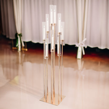 50" Gold 10 Arm Cluster Taper Candle Holder With Clear Glass Shades, Large Candle Arrangement