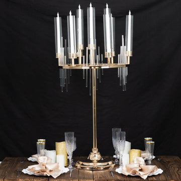 40" Gold 9 Arm Round Taper Candlestick Candelabra With Clear Glass Shades, Metal Candle Holder Table Centerpiece Arrangement With Drip Accents