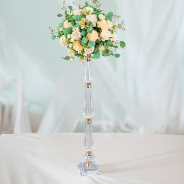32" Gold Clear Acrylic Crystal Flower Bowl Pedestal Stand, Pillar Candle Holder Wedding Table Centerpiece