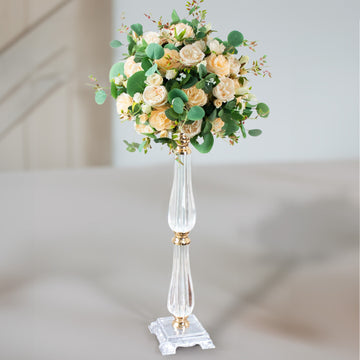 24" Gold Clear Acrylic Crystal Flower Bowl Pedestal Stand, Pillar Candle Holder Wedding Table Centerpiece