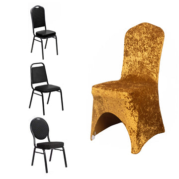 Gold Crushed Velvet Spandex Stretch Wedding Chair Cover With Foot Pockets, Fitted Banquet Chair Cover - 190 GSM