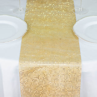 Elevate Your Event with a Stunning Gold Diamond Rhinestone Mesh Table Runner