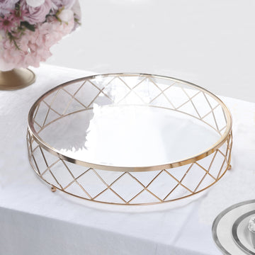 14" Gold Metal Geometric Diamond Cut Cake Stand, Dessert Display Riser with Glass Top