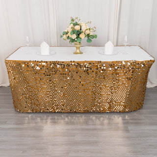 Elevate Your Event with the 21ft Gold Premium Big Payette Sequin Dual Layered Satin Table Skirt Elevate Your Event with the 21ft Gold Premium Big Payette Sequin Dual Layered Satin Table Skirt