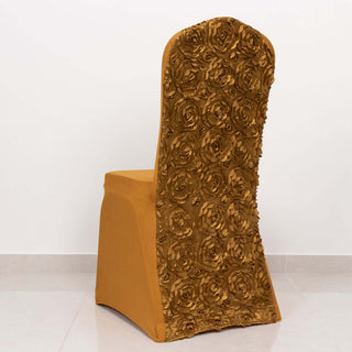 Add Glamour and Elegance with Gold Satin Rosette Spandex Stretch Banquet Chair Cover Add Glamour and Elegance with Gold Satin Rosette Spandex Stretch Banquet Chair Cover