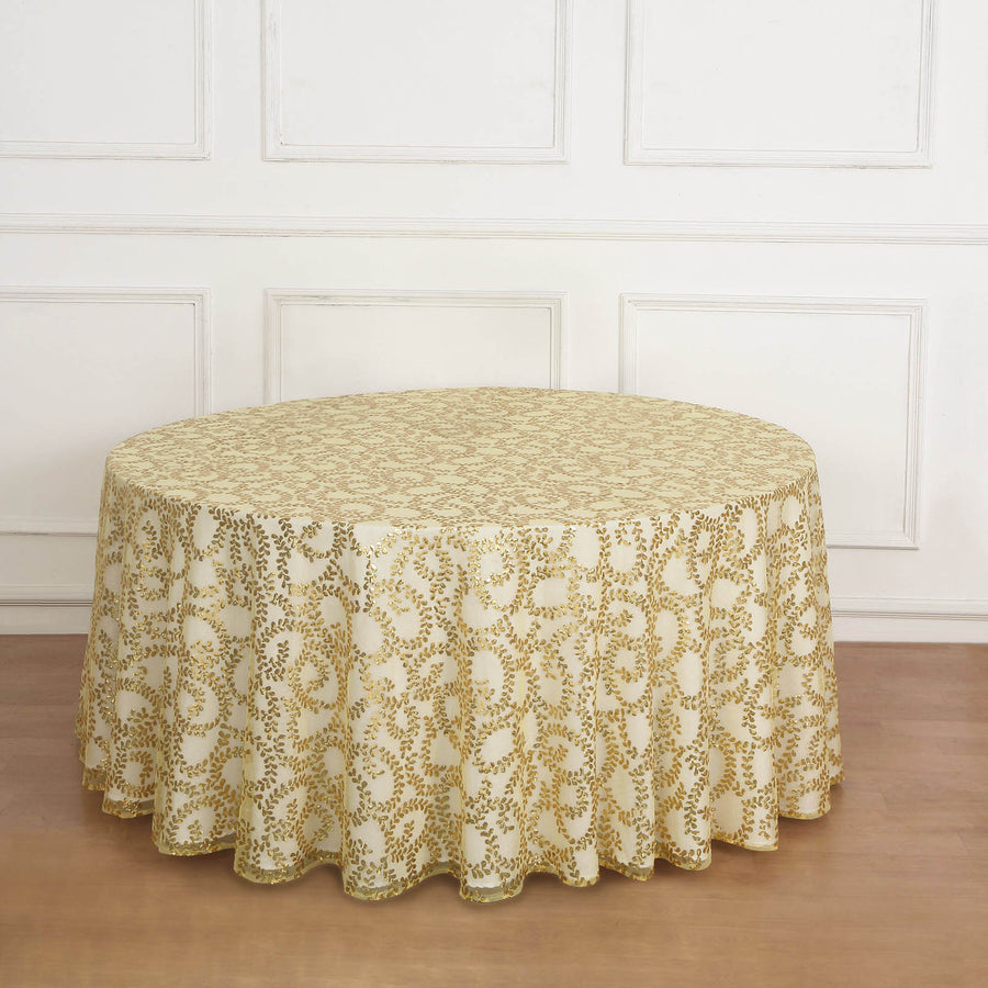 120inch Gold Sequin Leaf Embroidered Seamless Tulle Round Tablecloth, Sheer Table Overlay