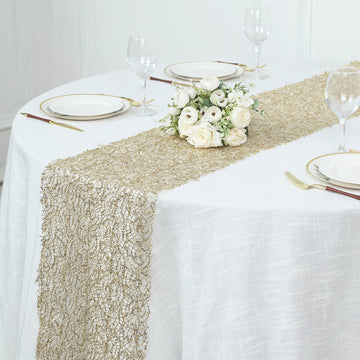 12"x108" Gold Sequin Mesh Schiffli Lace Table Runner, Sparkly Wedding Table Decoration