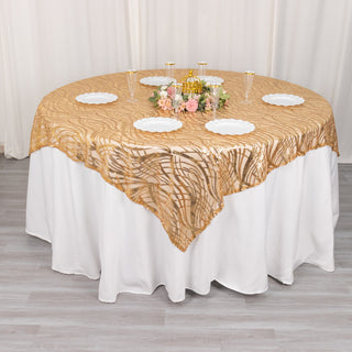 Enhance Your Event Decor with the Gold Wave Mesh Square Table Overlay