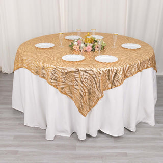 Enhance Your Event Decor with the Gold Wave Mesh Square Table Overlay Enhance Your Event Decor with the Gold Wave Mesh Square Table Overlay