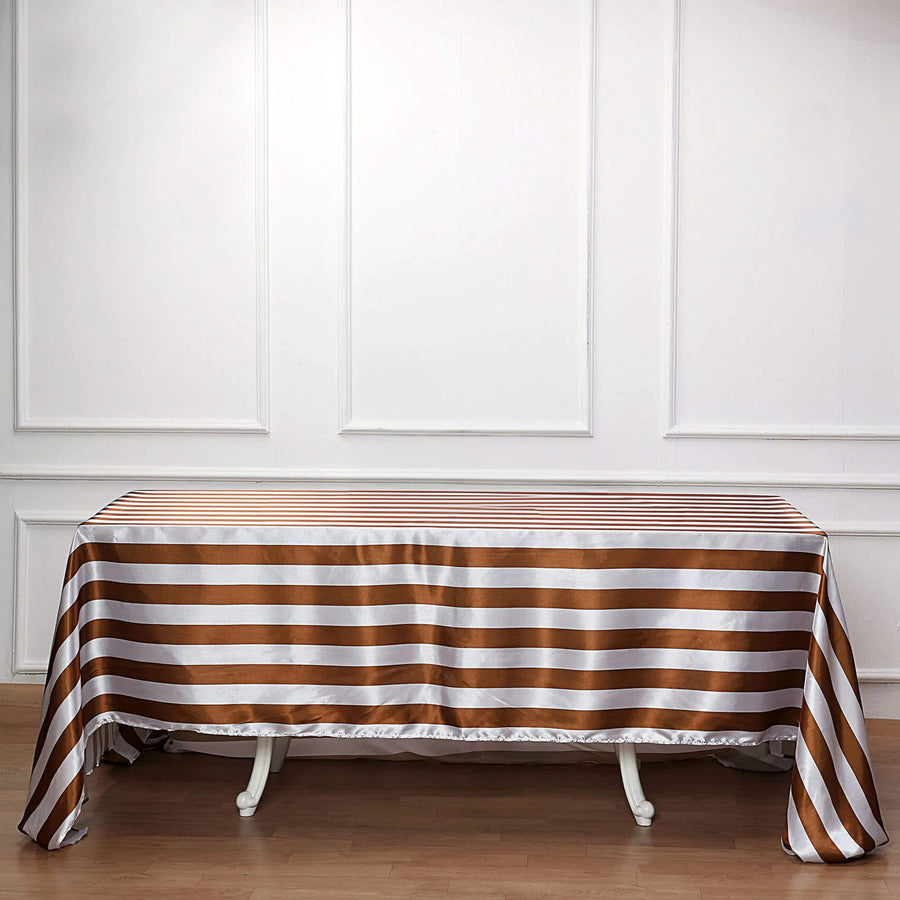 90"x132" | Stripe Satin Rectangle Tablecloth | Gold & White | Seamless