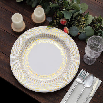 25 Pack 13" Gold White Vintage Style Paper Charger Plates, Heavy Duty Disposable Serving Plates - 350GSM
