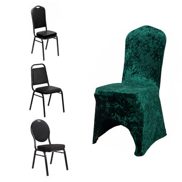 Hunter Emerald Green Crushed Velvet Spandex Stretch Wedding Chair Cover With Foot Pockets, Fitted Banquet Chair Cover - 190 GSM