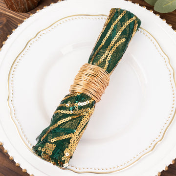 Hunter Emerald Green Gold Wave Embroidered Sequin Mesh Dinner Napkin, Reusable Decorative Napkin - 20"x20"