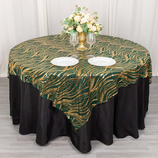 Elevate Your Event with the Hunter Emerald Green Gold Wave Mesh Square Table Overlay Elevate Your Event with the Hunter Emerald Green Gold Wave Mesh Square Table Overlay