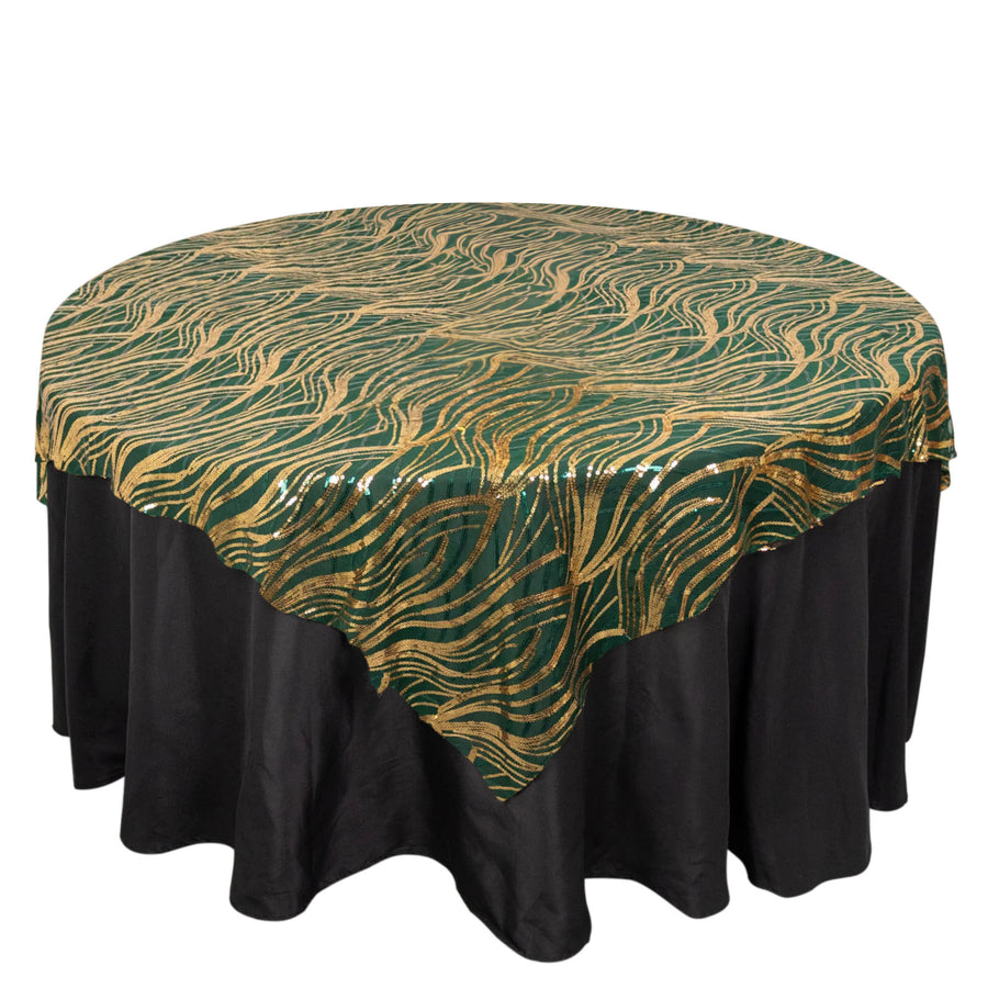 72x72inch Hunter Emerald Green Gold Wave Mesh Square Table Overlay With Embroidered Sequins