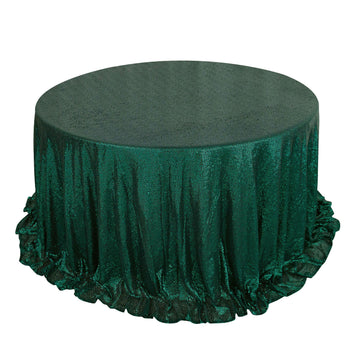 132" Hunter Emerald Green Seamless Premium Sequin Round Tablecloth, Sparkly Tablecloth