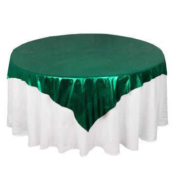 72"x72" Hunter Emerald Green Shimmer Sequin Dots Square Polyester Table Overlay, Wrinkle Free Sparkle Glitter Table Topper