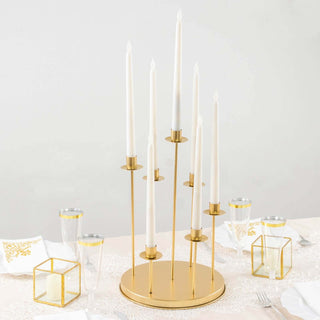 Add Elegance to Your Event with the 15" Tall Gold 7-Arm Metal Cluster Round Taper Candelabra Add Elegance to Your Event with the 15" Tall Gold 7-Arm Metal Cluster Round Taper Candelabra