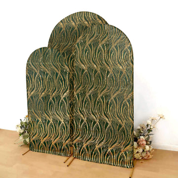Set of 3 Hunter Emerald Green Wave Mesh Chiara Wedding Arch Covers With Gold Embroidered Sequins, Fitted Covers For Round Top Backdrop Stands - 5ft,6ft,7ft