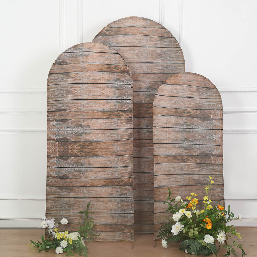 Set of 3 | Brown Rustic Wood Plank Pattern Spandex Fitted Chiara Backdrop Stand Cover
