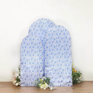 Elegant White Blue Satin Chiara Wedding Arch Covers with French Toile Floral Print Elegant White Blue Satin Chiara Wedding Arch Covers with French Toile Floral Print
