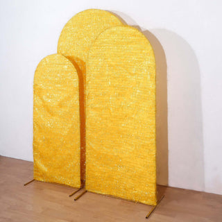Create a Memorable Event with Gold Metallic Fringe Chiara Arch Covers Create a Memorable Event with Gold Metallic Fringe Chiara Arch Covers
